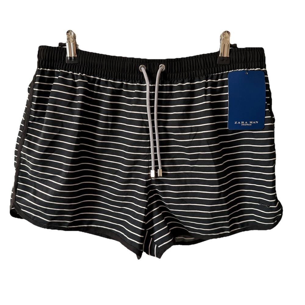 NWT Zara MAN Mens XL Swim Shorts Trunks Black White Stripe Lined Pocket Bottom
